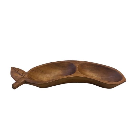 Vintage Teak Wood Monkey Pod Leaf Shape Divided Nut Dish, - Picture 2 of 7
